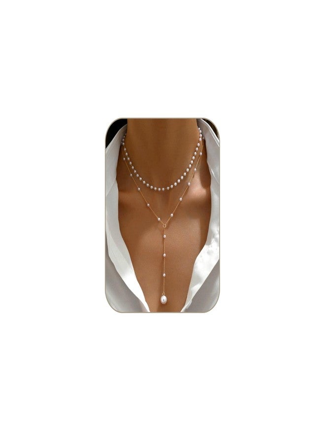 Aisansty Layered Pearl Necklaces for Women 14k Gold Plated Dainty Faux Pearl Drop Y Necklace Cute Pearl Choker Layering Necklace Set Gold Jewelry for Women,Christmas Gift for Her - Image 1